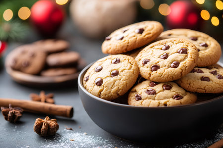 Chocolate chip cookies filling a black bowl with holiday ornaments and spices on a dark backgroundの素材