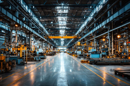 Large empty factory floor featuring modern production equipment and overhead crane systemの素材