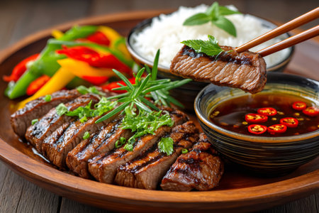 Grilled beef steak slices, colorful peppers, rice, and dipping sauce creating a delicious Asian mealの素材