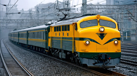Yellow and green train traveling on railway tracks under an overcast skyの素材