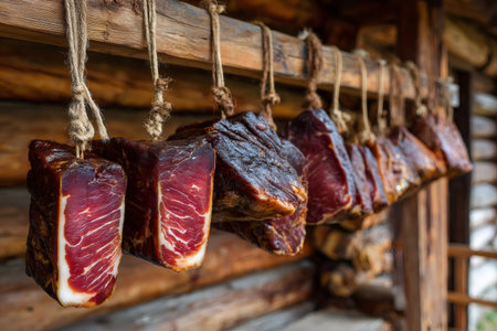 Cured meat pieces hanging on a wooden beam in a rustic structureの素材