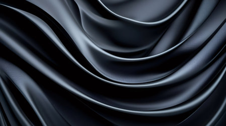 Black silk fabric forming smooth, flowing waves and folds for an abstract textureの素材