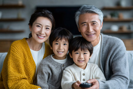 Happy multi-generational family smiling, relaxing, and bonding while watching televisionの素材