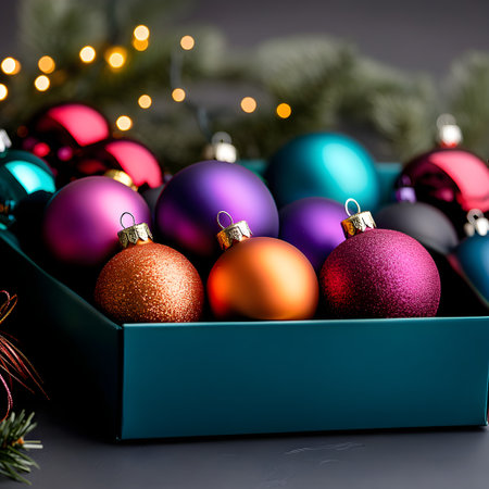 Assortment of vibrant Christmas baubles in a teal storage box with festive lightsの素材