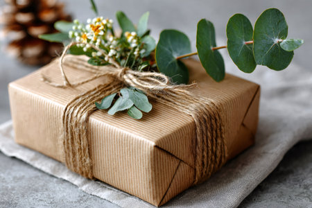 Gift box wrapped in brown paper, adorned with natural eucalyptus leaves and jute twineの素材