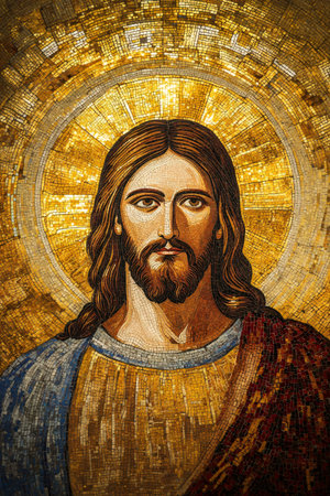 Jesus Christ portrait mosaic with a golden halo, representing Christian faith and spiritualityの素材