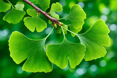 Fresh green ginkgo biloba leaves growing on a branch against a blurred natural backgroundの素材
