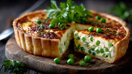 Freshly baked homemade savory quiche with peas, herbs, and a golden crustの素材