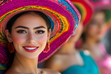 Young woman smiling, wearing a colorful sombrero and traditional earrings, celebrating a festivalの素材