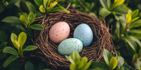 Three colorful speckled eggs nestled among green leaves, symbolizing new life and springの素材