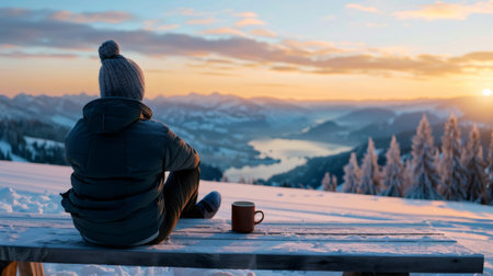 Person sitting on a bench enjoying coffee and the winter sunrise over a snowy mountain lakeの素材