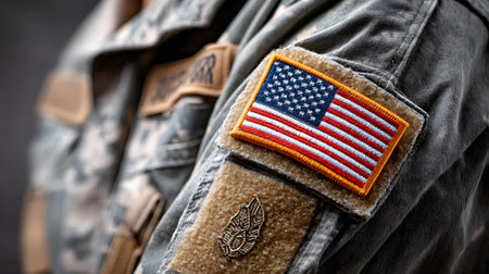Soldier's camouflage uniform sleeve displaying an American flag and service badgeの素材