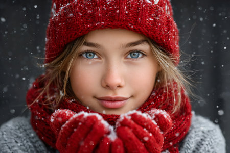 Young girl smiling, hands cupped in red mittens catching falling snowの素材
