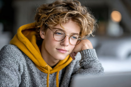 Young man wearing glasses and a hoodie, concentrating on his deviceの素材