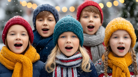 Group of young children joyfully singing at a festive outdoor Christmas eventの素材