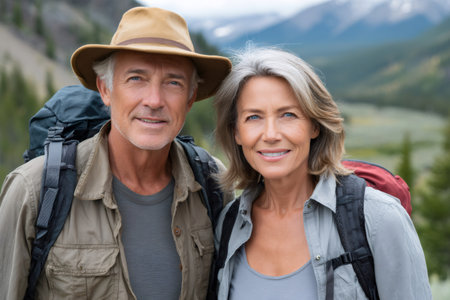 Active senior couple smiling, wearing backpacks while standing outdoors in mountainsの素材