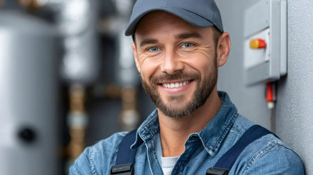 Smiling worker looking at camera, wearing overalls and a cap, in a boiler roomの素材