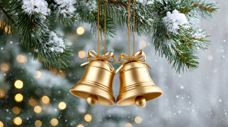 Golden christmas bells decorating a snow covered pine branch in winter with bokeh lightsの素材