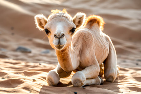 Baby camel lying on sand dunes illuminated by soft sunlightの素材
