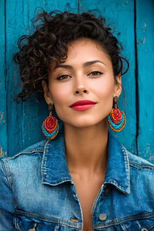 Confident young woman smiling at the camera, wearing a denim jacket and beaded earringsの素材