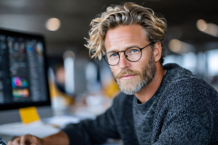 Confident man with beard and glasses working at a computer in a modern officeの素材