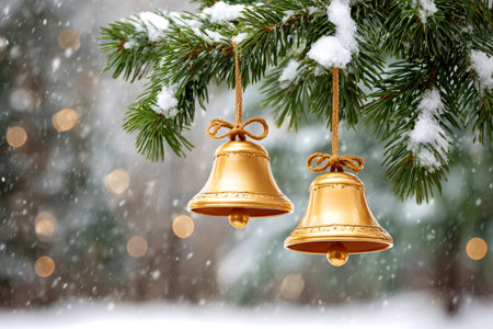 Golden bells hanging from snow covered pine branches during a winter Christmas snowfallの素材