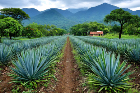 Agave plants growing in neat rows, forming an agricultural field in a mountain regionの素材
