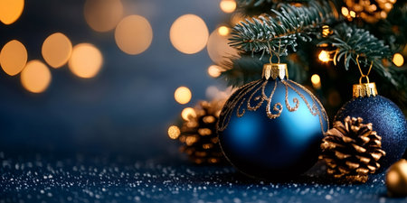 Christmas tree decorations with pine cones and golden bokeh lights creating a festive holiday backgroundの素材