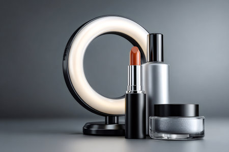 Beauty products including lipstick, lotion, and face powder with a ring lightの素材