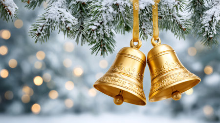 Golden bells hanging from a snow covered pine branch, creating a festive holiday scene with bokehの素材