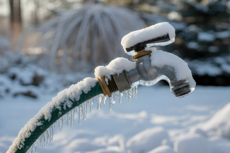 Garden hose and brass faucet covered by snow and ice, showing cold winter weatherの素材