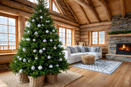 Christmas tree standing in a festive log cabin living room with a lit fireplaceの素材