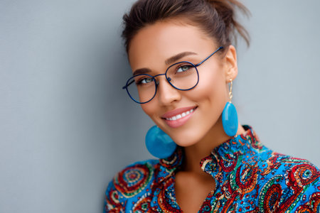 Young woman smiling, wearing eyeglasses, colorful paisley shirt, and large blue earringsの素材