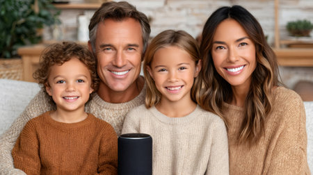 Cheerful family portrait with a smart speaker representing home automation and modern livingの素材