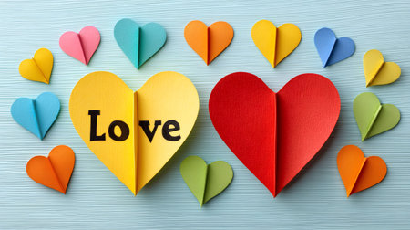 Paper hearts in various colors creating a sweet love themed backgroundの素材