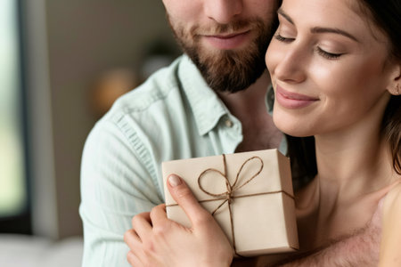 Happy couple embracing, woman receiving a thoughtful present from manの素材
