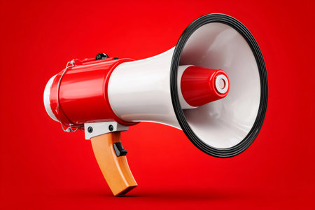 Red and white megaphone amplifying a message with a red backgroundの素材