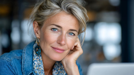 Woman smiling confidently, representing beauty and aging gracefullyの素材