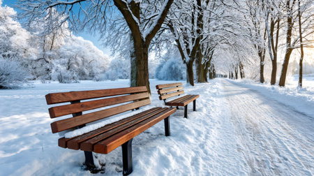 Two empty wooden benches offering rest along a snowy park path lined with treesの素材