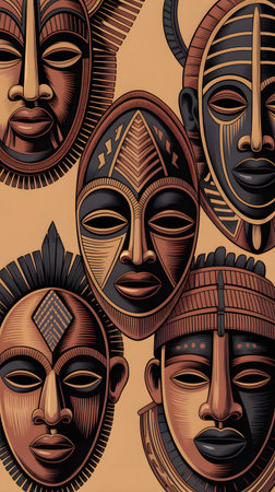 Hand drawn African masks portraying rich cultural tradition and ancient heritageの素材