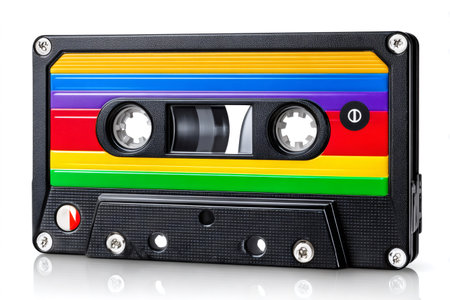 Cassette tape with colorful rainbow stripes evoking retro music and 80s nostalgiaの素材