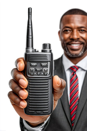 Man smiling, extending a walkie talkie, representing communication and security conceptsの素材