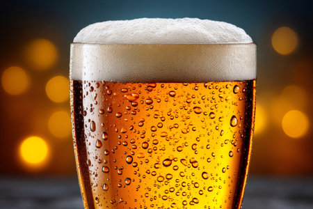 Beer glass with white foam and condensation droplets against a bokeh backgroundの素材