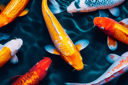 Serene koi fish swimming gracefully in a tranquil dark pond, creating a peaceful sceneの素材