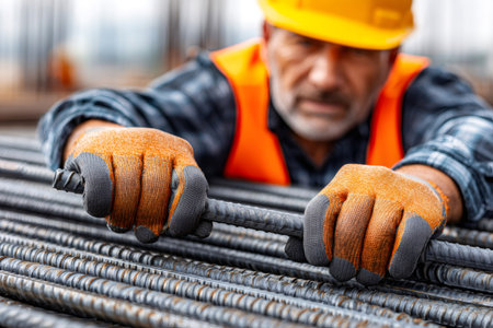 Construction worker wearing hard hat and safety vest gripping rebar on a construction siteの素材