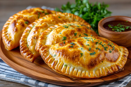 Delicious baked empanadas with golden crust on a wooden platterの素材