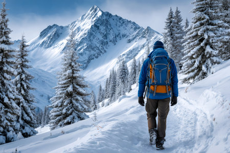 Person walking through a snowy forest path towards a large snow covered mountainの素材