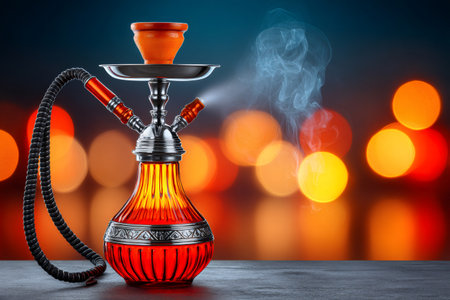 Hookah pipe stands producing smoke on a table, with blurred colorful lights in the backgroundの素材