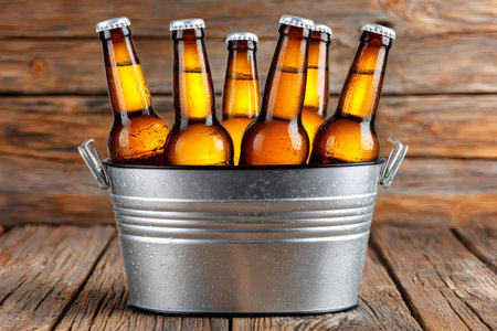 Six beer bottles chilling in a metal bucket on a rustic wooden surfaceの素材