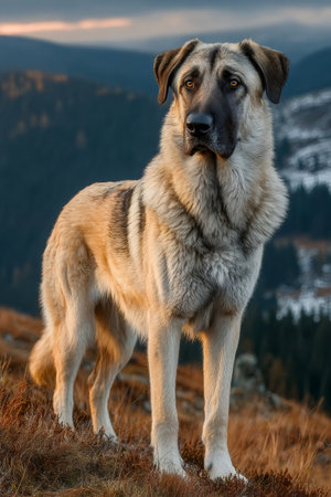 Large dog standing confidently on an alpine hill with mountains in the backgroundの素材
